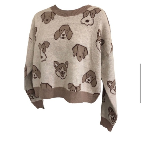 Beige cream brown adorable puppy dog face print long sleeve sweater‎ size medium - Picture 11 of 16